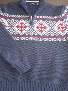 Izod Navy Neck Zip-Up Sweater with Red and White. Nice Condition!!!